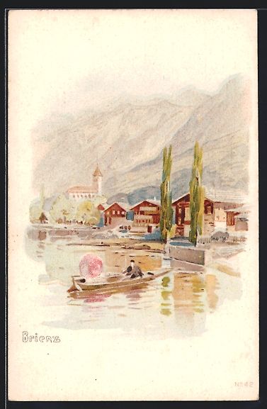 Cartoline postali: Litho Brienz, Paar im Ruderboot vor dem  – Usato da Berlin venduto da bartko-reher