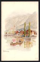 Litho Brienz, Paar im Ruderboot vor dem 