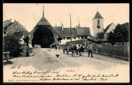 AK Aarberg, Ochsengespann an der gedeckten Brücke