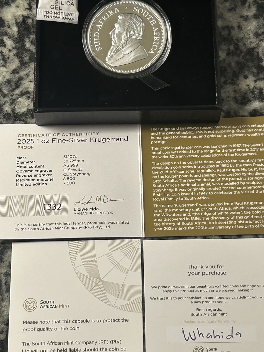 Tutti le monete: Silbermünze Krugerrand 2025 1 oz Fine Proof  – Nuovo (secondo la descrizione) da St. Gallen venduto da Morenita23 3