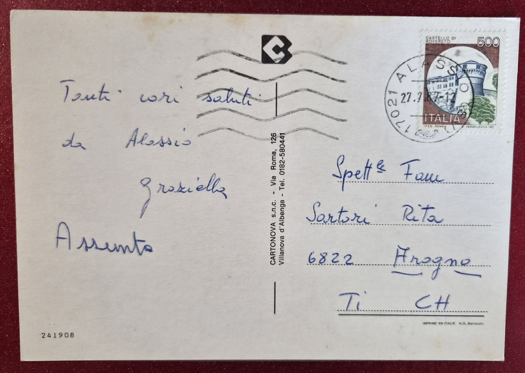 Cartoline postali: Saluti da Alassio Italia 1987 – Usato da Melchnau venduto da Arthurius 1