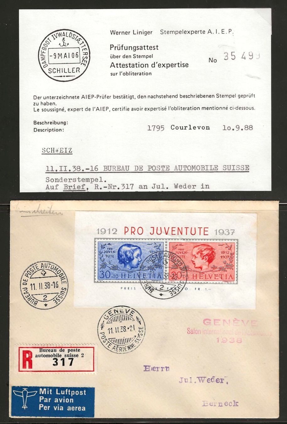 Alle Briefmarken: Pro Juventute Block 1937 auf Brief - mit Attest – Gebraucht aus Gümligen von Geniusbuy