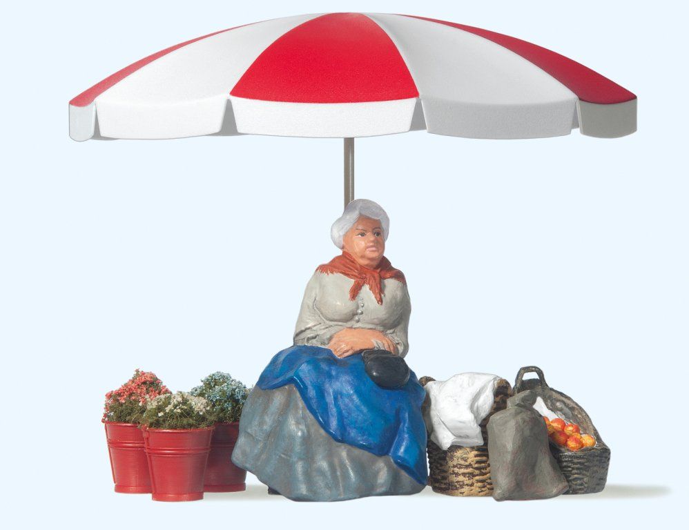 Preiser Statuette: 1:22.5 Preiser Marktfrau mit Schirm – Nuovo e nell'imballaggio originale da Affoltern am Albis venduto da Modellshop-8910