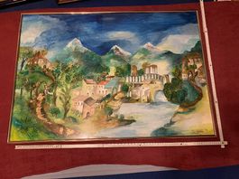 Dipinto ad acquerello "Paesaggio montano" firmato Hanaliesa