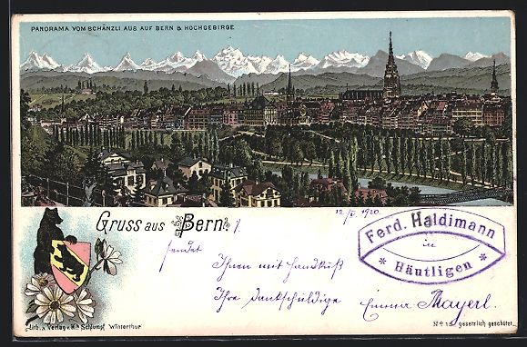 Ansichtskarten: Lithographie Bern, Panorama, 1920 – Gebraucht aus Berlin von bartko-reher