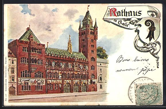 Cartoline postali: Künstler-AK Basel, Rathaus, Stadtwappen – Usato da Berlin venduto da bartko-reher