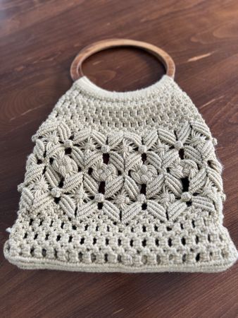 Vintage Makramee Handtasche mit Holzgriffen, beige👜