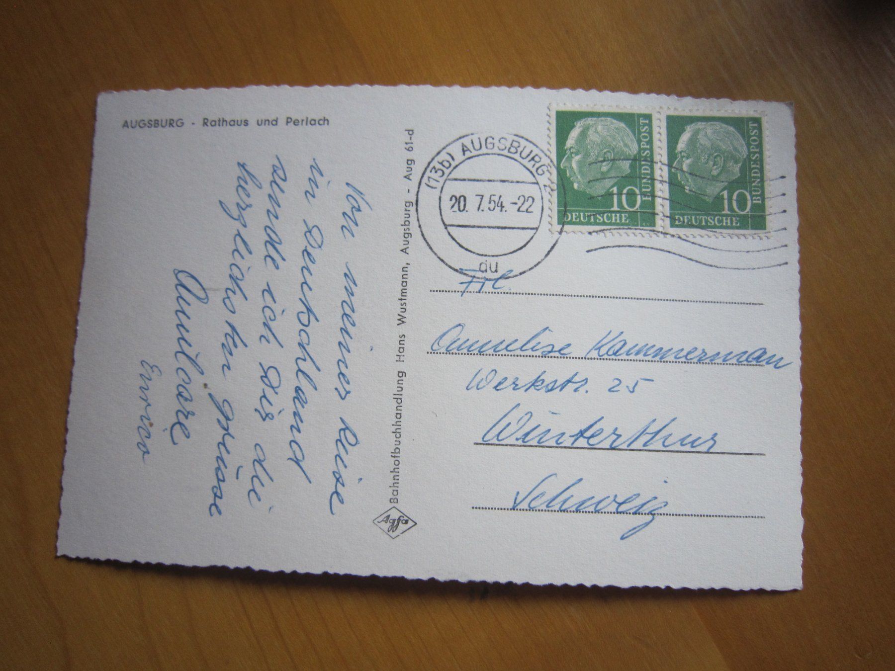 Cartoline postali: 1954 schöne Postkarte AUGSBURG – Nuovo e nell'imballaggio originale da Gordola venduto da Polentaefung 1