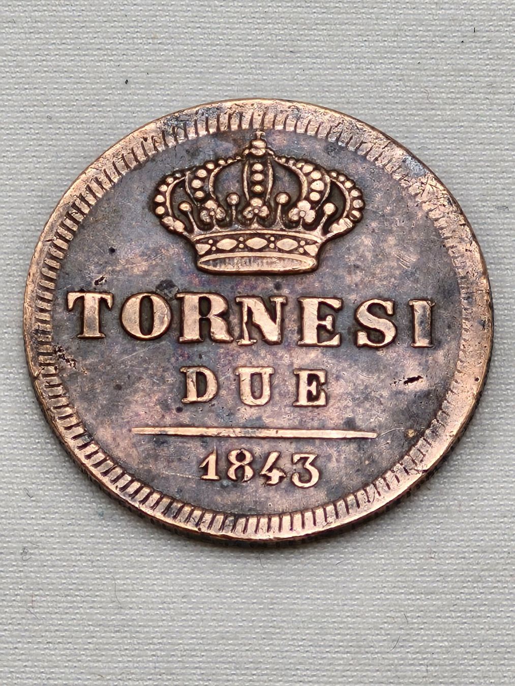 Tutti le monete: ROYAUME DES DEUX SICILES / 2 TORNESI / 1843 – Usato da Bulle venduto da italicum 1
