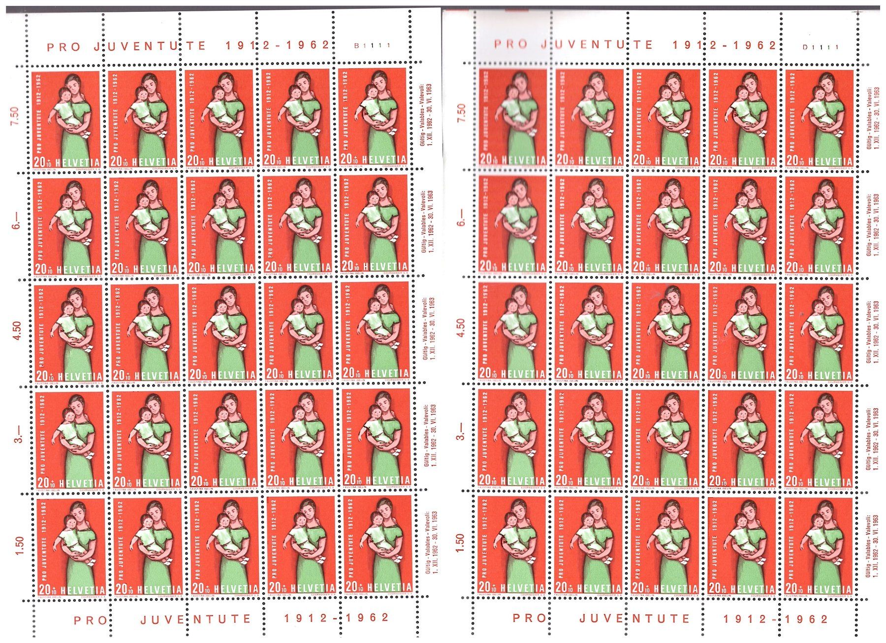 Alle Briefmarken: 1962 --- PRO JUVENTUTE BOGEN POSTFRISCH JE 50 STÜCK – Neu (gemäss Beschreibung) aus Dübendorf von Piero2 2