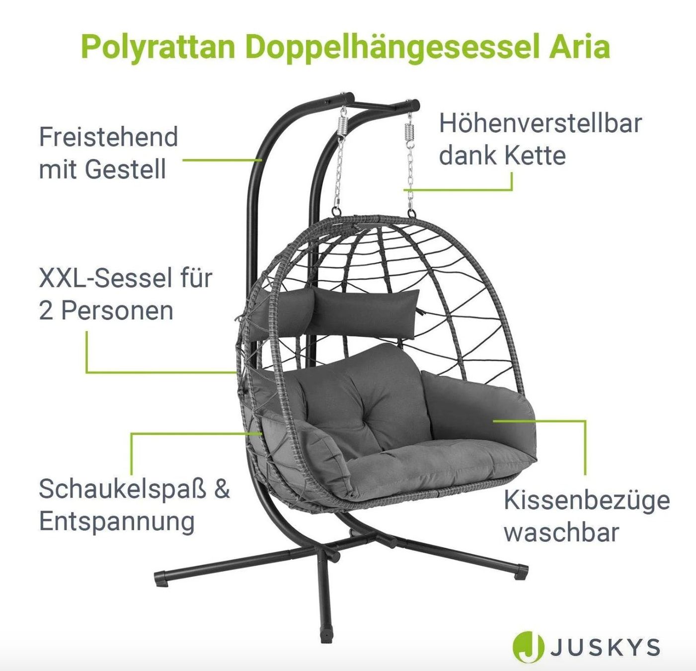 Poltrone pensili da giardino: Polyrattan Doppel Hängesessel Aria + Gestell -Gratis Versand – Nuovo e nell'imballaggio originale da Kleinwangen venduto da meinwarenkorb.ch 2