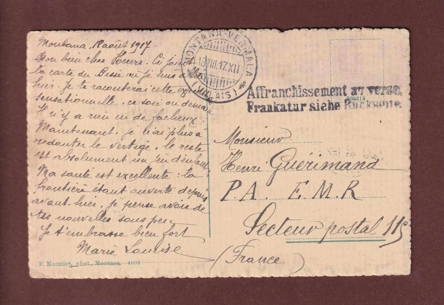 Cartoline postali: MONTANA - Au Bisse - 1917 – Usato da Pully venduto da nicecards 1