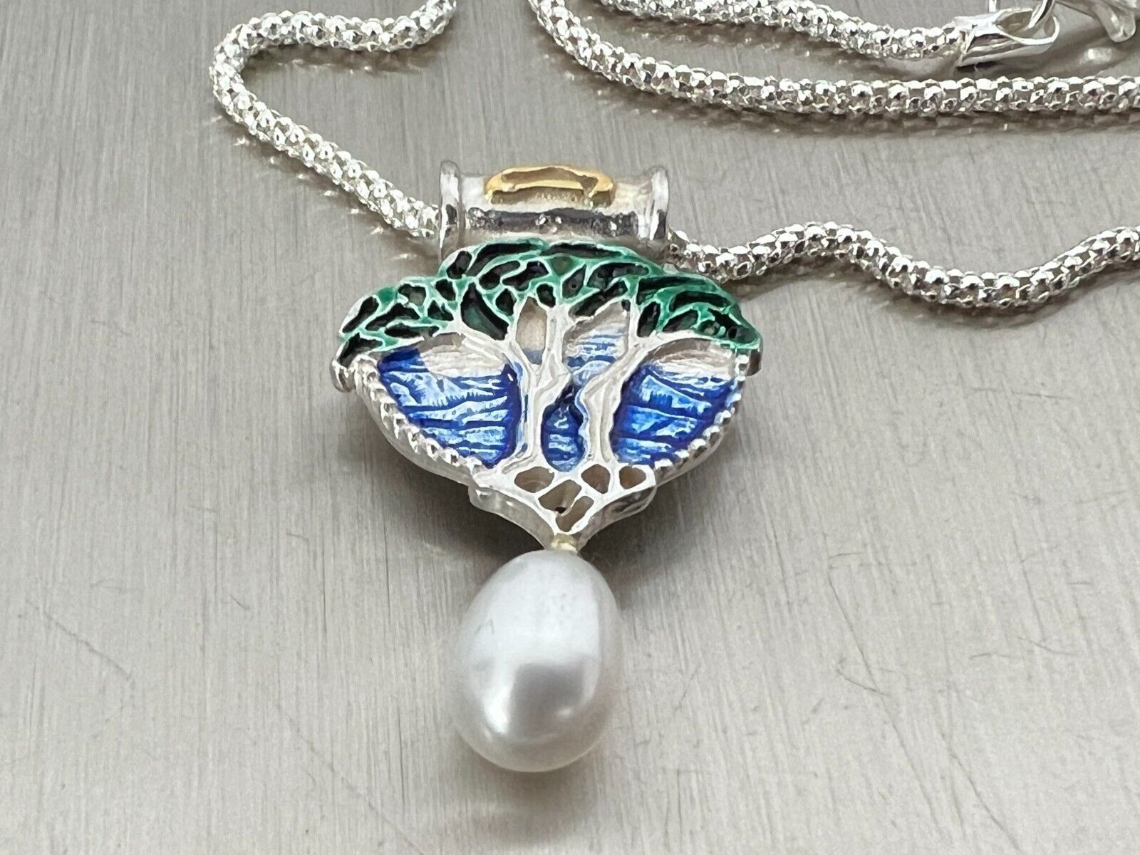 Ketten: Jugendstil w- schönes Collier Silber 925 Email echte Perle – Neu (gemäss Beschreibung) aus Basel von ivoli 1