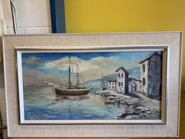 Ölgemälde Vögeli Hafenmotiv mit Boot gerahmt 