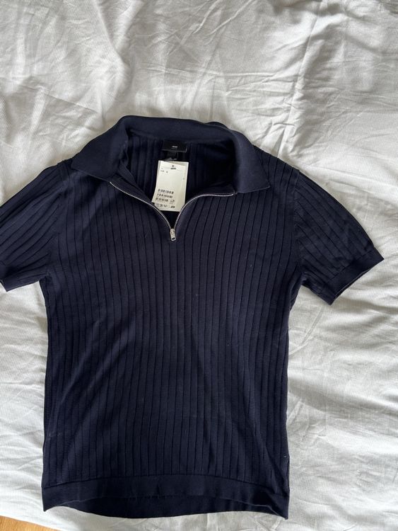 H&M Slim Fit Knitted Polo Shirt Size S Navy Blue New 1