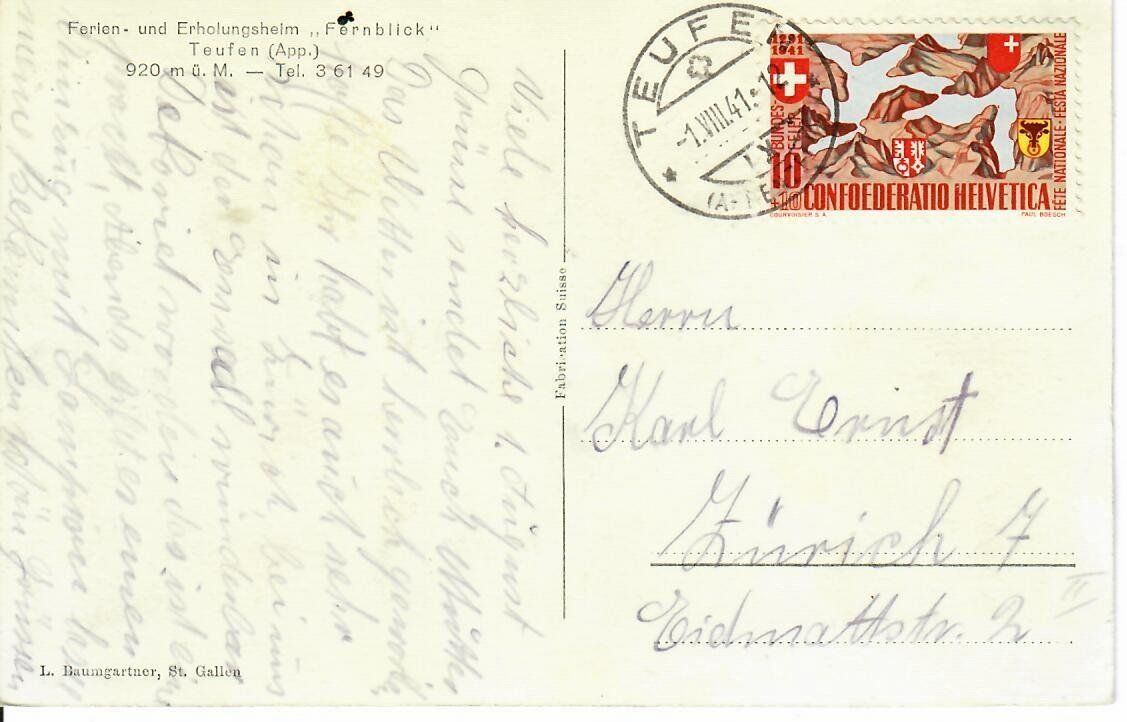 Cartoline postali: Erholungsheim Fernblick  Teufen 1941 – Usato da Hochdorf venduto da Ziegel-16 1