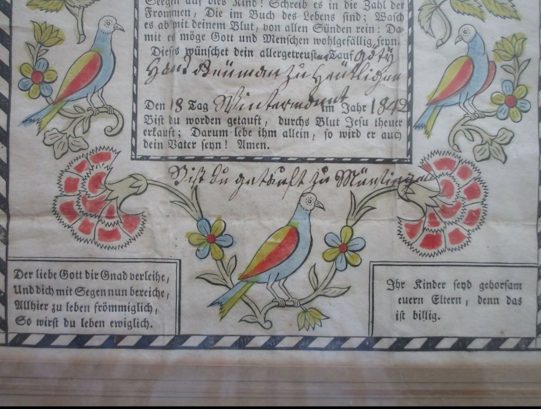 Documenti: tauf-zedel 1842 taufschein gerahmt – Usato da Winterthur venduto da chimischimi 3