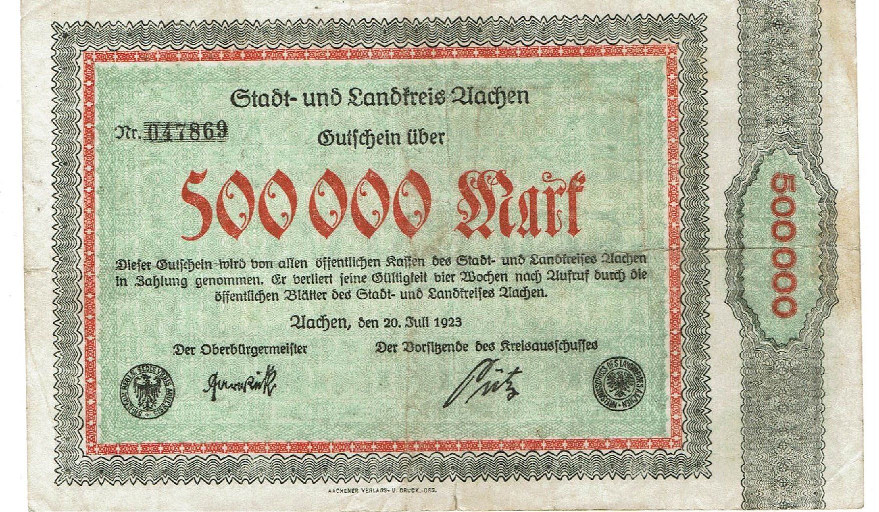 Banconote: Aachen 500000 Mark 20.07.1923 SS++-VZ – Usato da Steffisburg venduto da ber_8htf