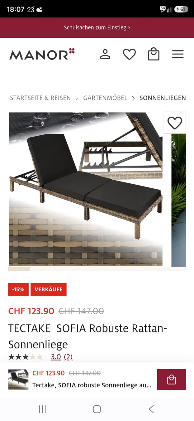 Sedie a sdraio: Tectake  SOFIA Robuste Rattan-Sonnenliege – Usato da Winterthur venduto da Bole.sd