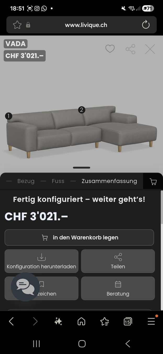 Sofas: Ecksofa Vada beige mit passender Holzablage /Holzfüsse Eiche – Neu (gemäss Beschreibung) aus Nendeln von Zopfie_ 4
