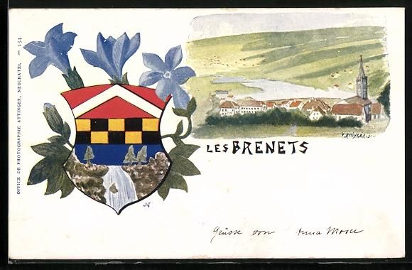 Cartoline postali: Les Brenets, Ortspartie mit Kirche, Wapp – Usato da Berlin venduto da bartko-reher