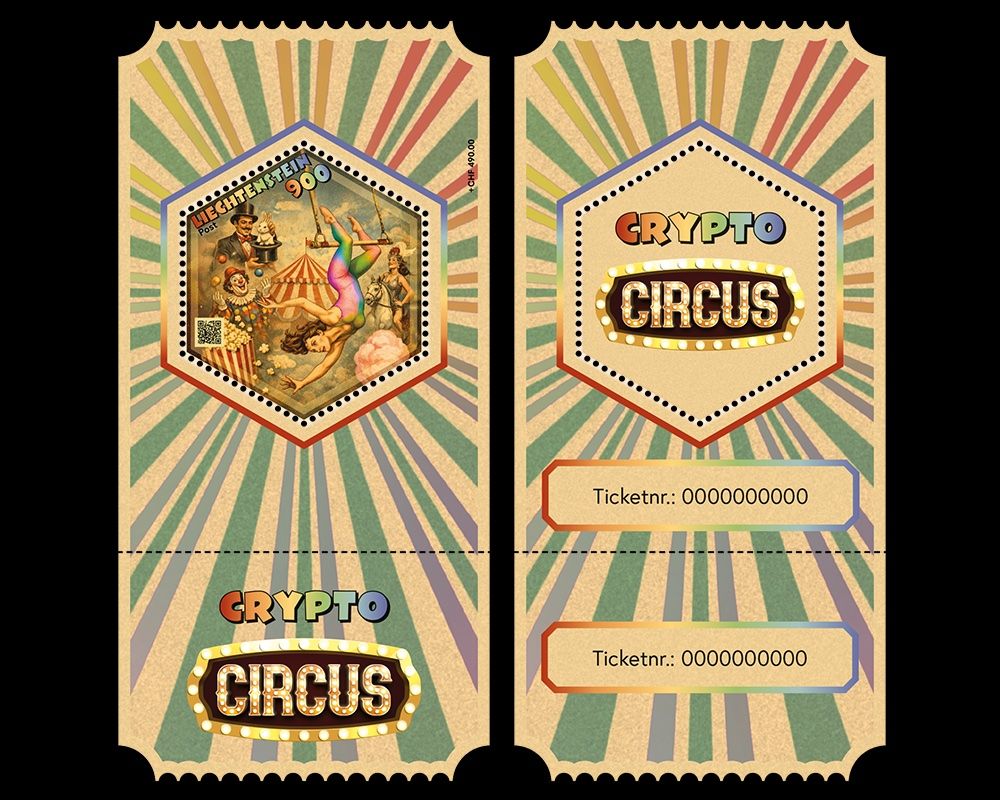 Tutti i francobolli: 3 Kryptobriefmarken Liechtenstein "Crypto Circus" Regenbogen – Nuovo e nell'imballaggio originale da Uster venduto da Aladin79 3