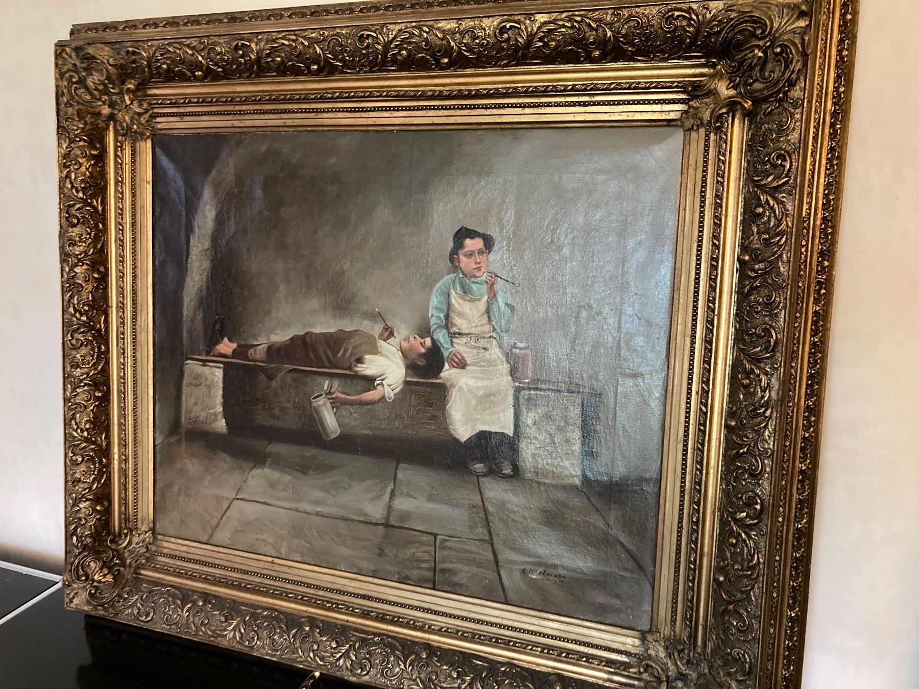 Gemälde: Gemälde Öl auf Leinwand von K.Hartmann "Handwerkerpause" – Gebraucht aus Luzern von Aura13