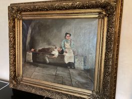 Gemälde Öl auf Leinwand von K.Hartmann "Handwerkerpause"
