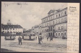 Fribourg La Place Grande mit Strassenbahn / Trams