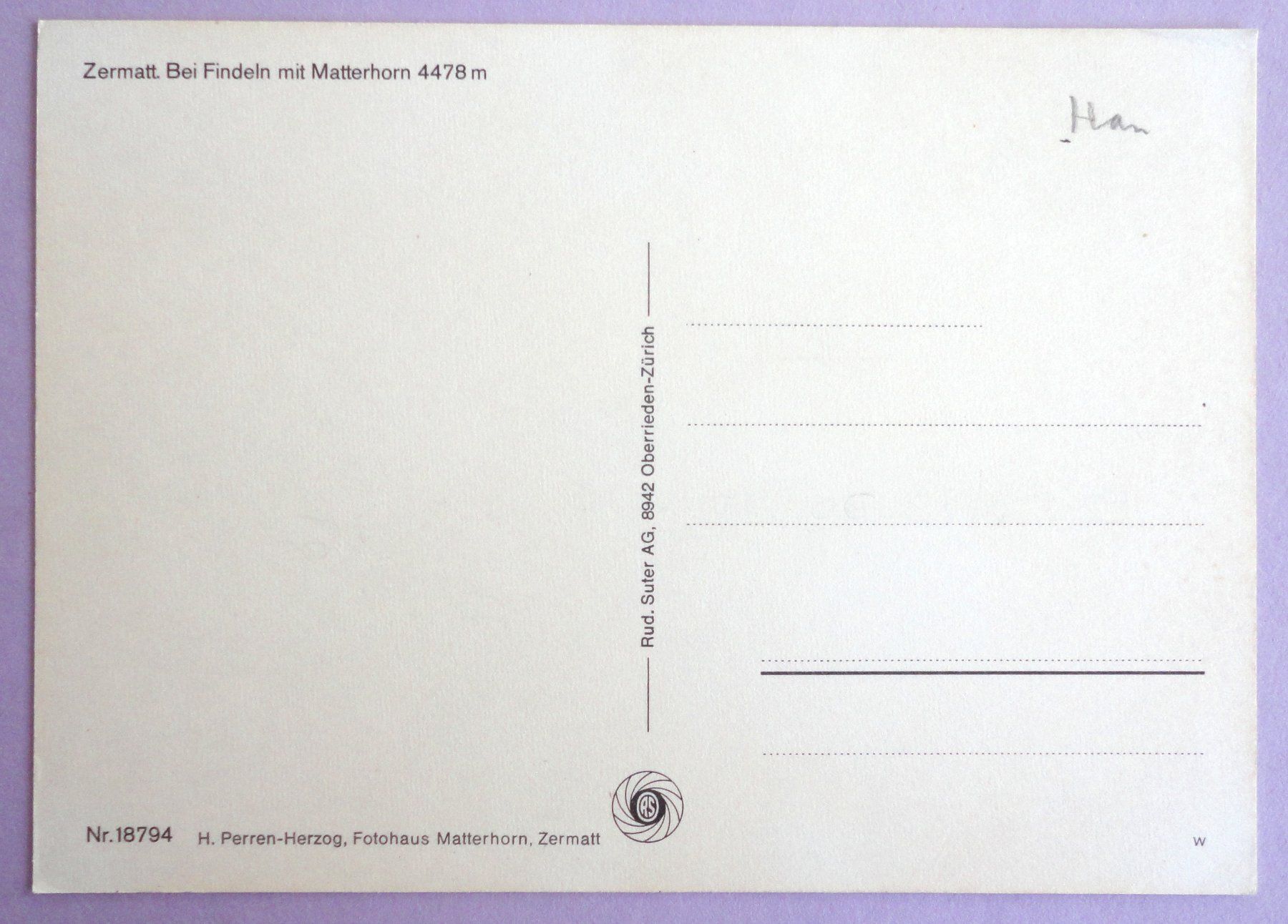 Cartoline postali: Zermatt, Bei Findeln mit Matterhorn – Usato da Fétigny venduto da Billy2miny 1