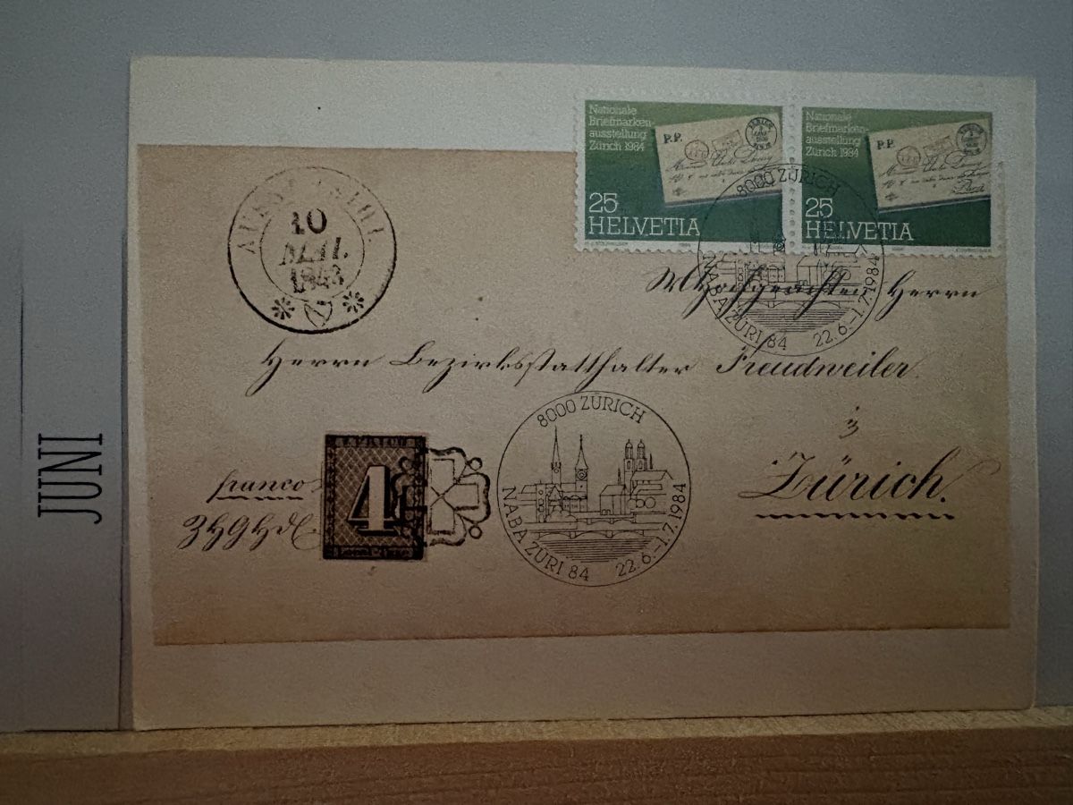 Cartoline postali: AK mit Bild von Briefmarke 1843 Schweiz – Usato da Rümlang venduto da Kartenpost1