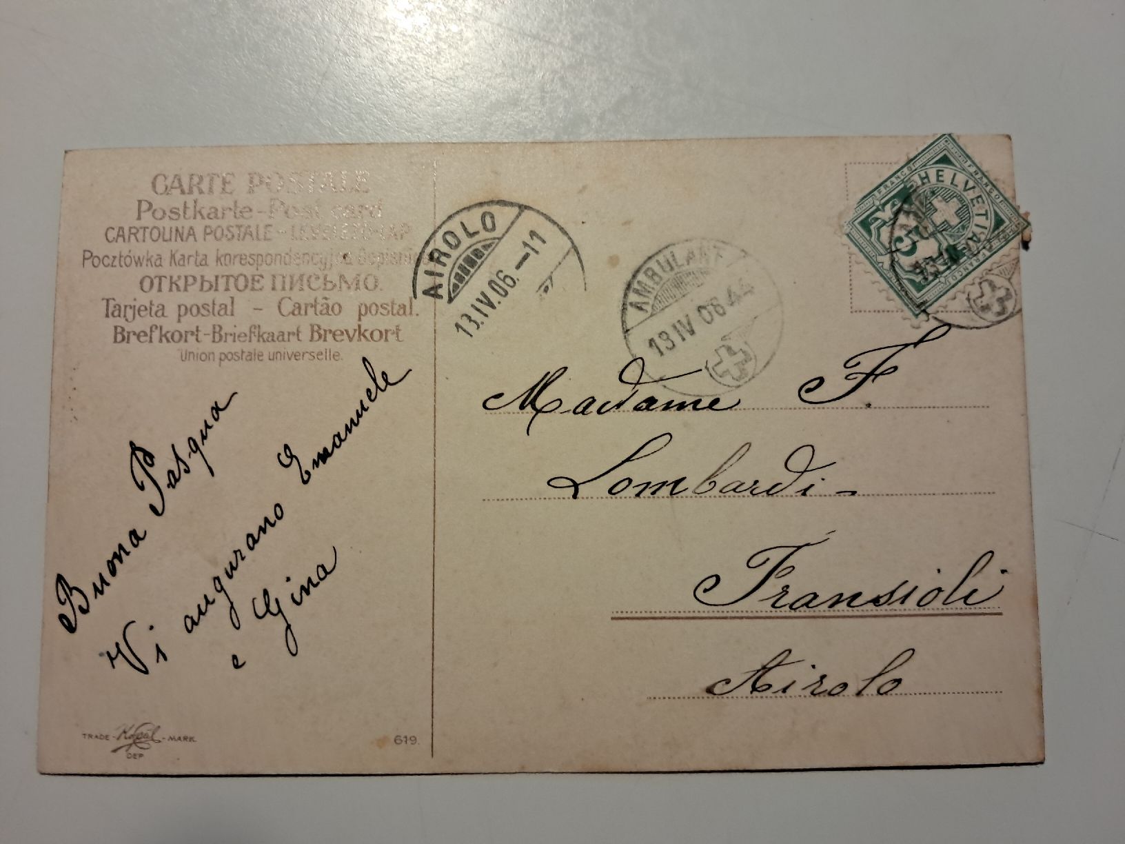 Cartoline postali: Buona Pasqua nel 1906 – Usato da Gorduno venduto da ema_7yhp 1