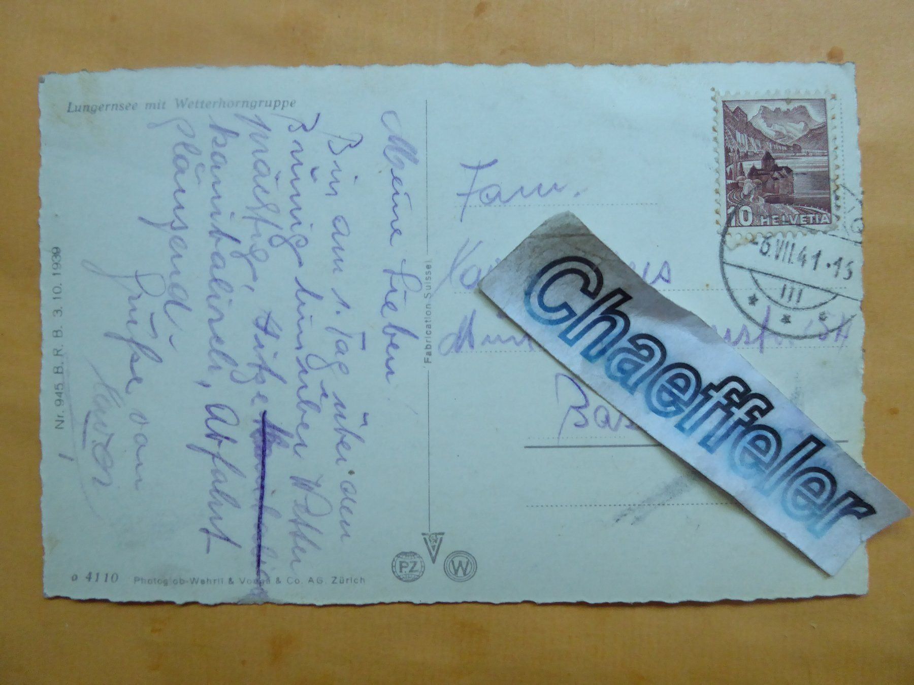 Ansichtskarten: 1941 Lungernsee mit Wetterhorngruppe – Gebraucht aus Zürich von Chaeffeler 1
