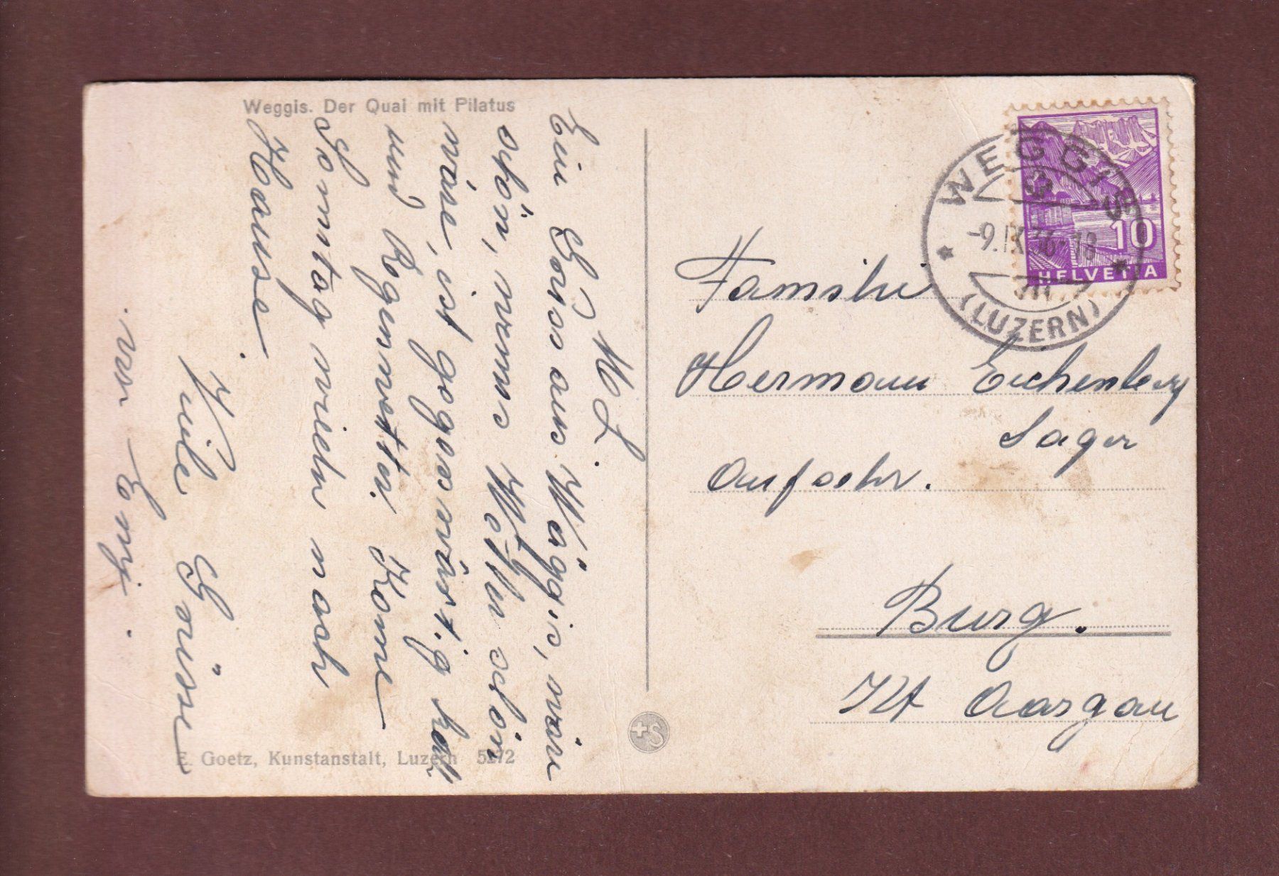 Cartoline postali: WEGGIS - Quai und Pilatus - 1936 // Eckbug // – Usato da Pully venduto da nicecards-shop 1