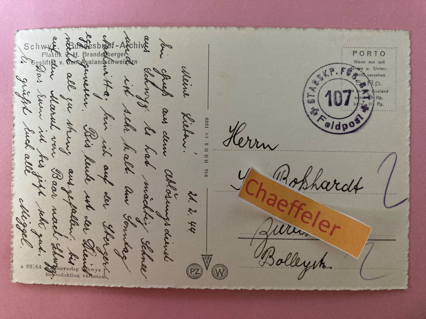 Cartoline postali: 1944 Feldpost: Schwyz. Bundesbrief-Archiv – Usato da Zürich venduto da Chaeffeler 1