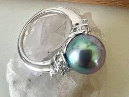 Silberring 925 grosse schillernde Echtperle Zirkonia Vintage