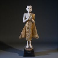 Burma Mönch Statue Teak Holz Skulptur meditierende Pose alt