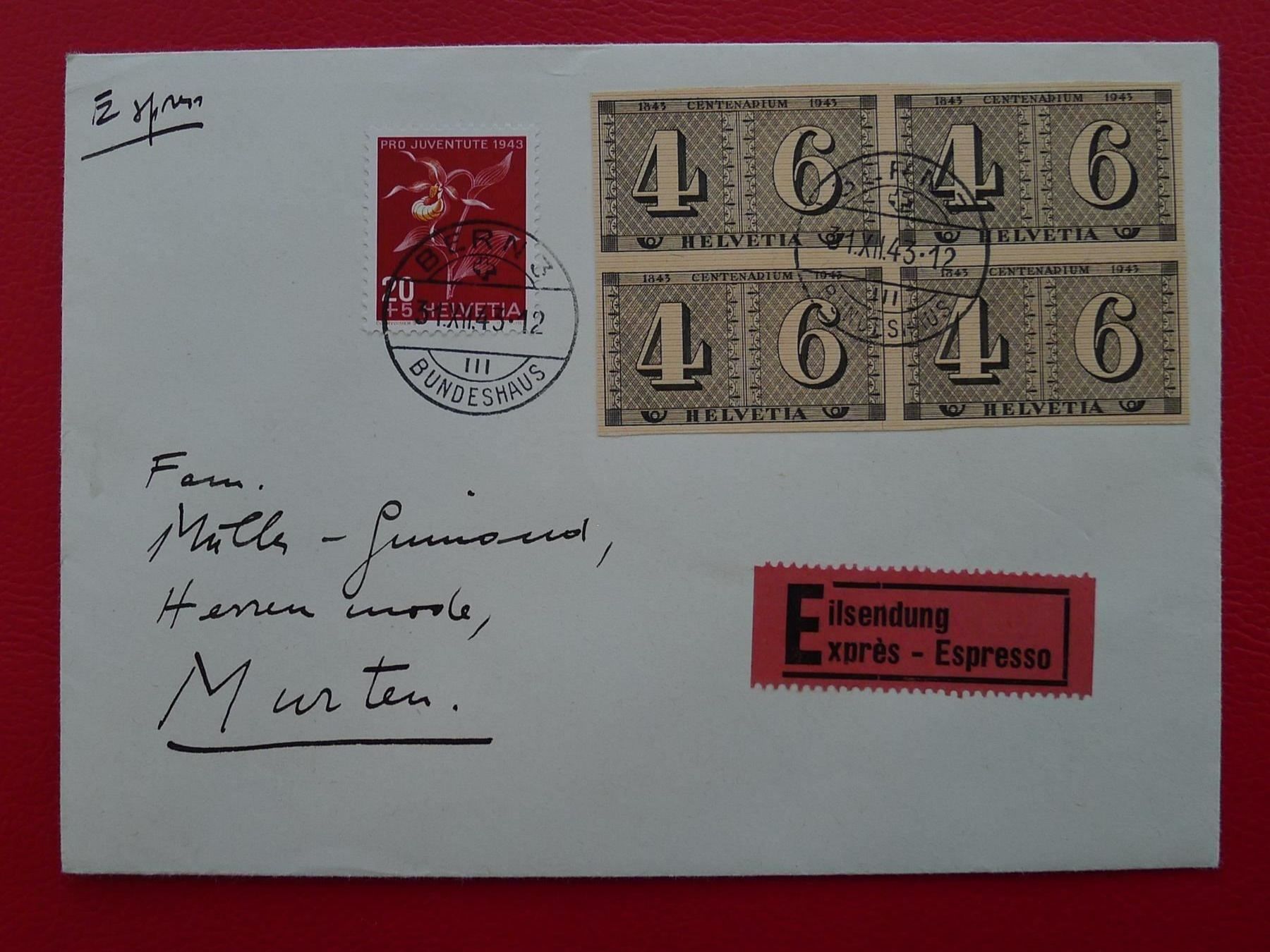 Tutti i francobolli: 1943, W15 (geschnitten!), Blockausschnitt: BERN +mit Express – Usato da Sursee venduto da Luzernerraute