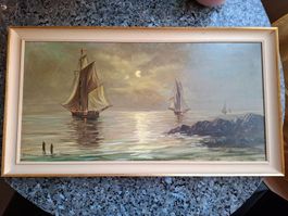 Großes Ölgemälde Nacht am Meer Segelschiffe Mondschein
