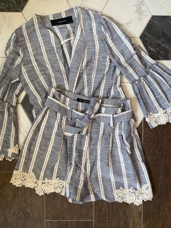 ZARA set 🩶 ensemble à rayures et broderie: haut S & short M