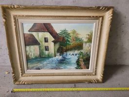 Peinture à l'huile encadrée - Paysage de moulin paisible
