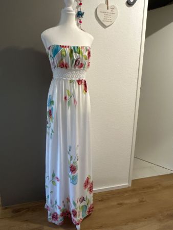 Maxikleid weiss mit Blumenmuster Schulterfrei Einheisgrösse