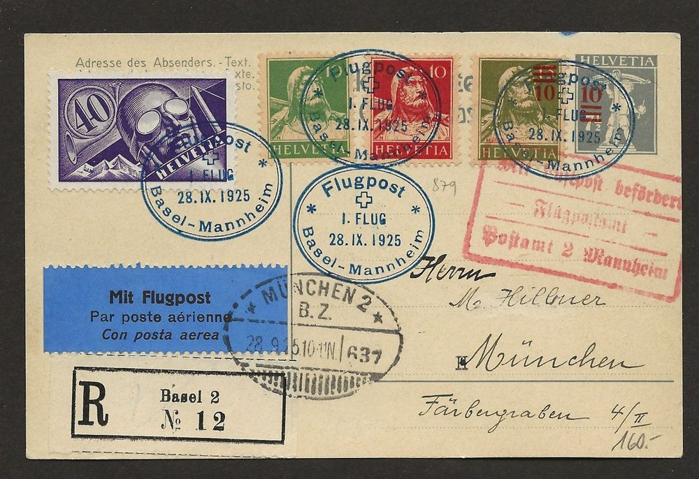 1925 Flugpost mit F7 + mit Überdruck Tell Basel Mannheim (Gebraucht) in ...