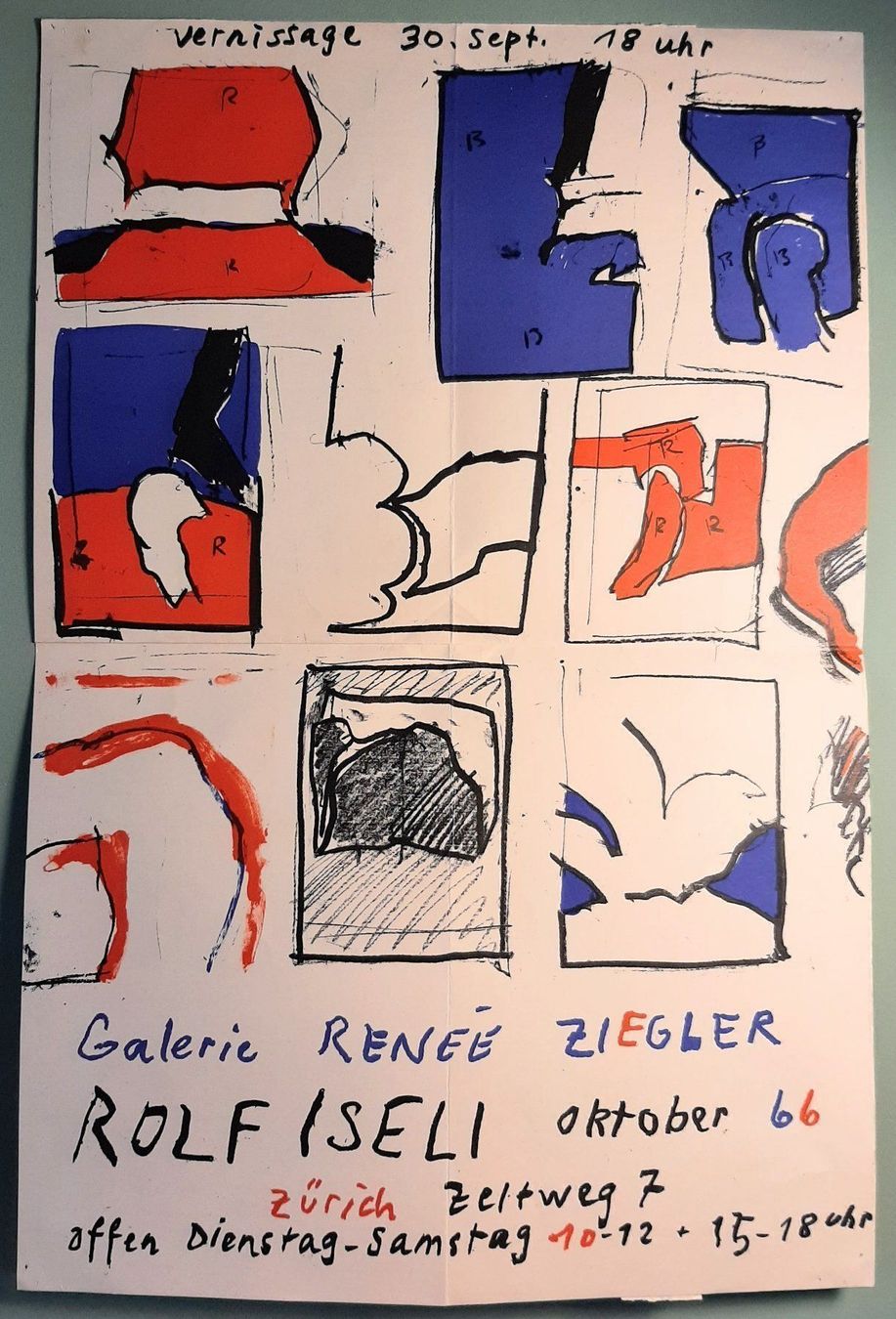 Poster & Bilder: Rares Plakat Ausstellung Rolf Iseli 1966 – Gebraucht aus Zürich von 2bis