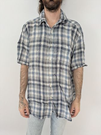 M&S Hemd XL, blau/weiss kariert, Sommer Leinenhemd.