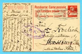 Postkarte von Zürich nach Strassburg (Deutsches Reich) 1915