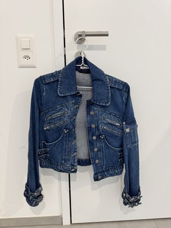 Giacca Miu Miu denim blu con fibbie stile biker taglia S