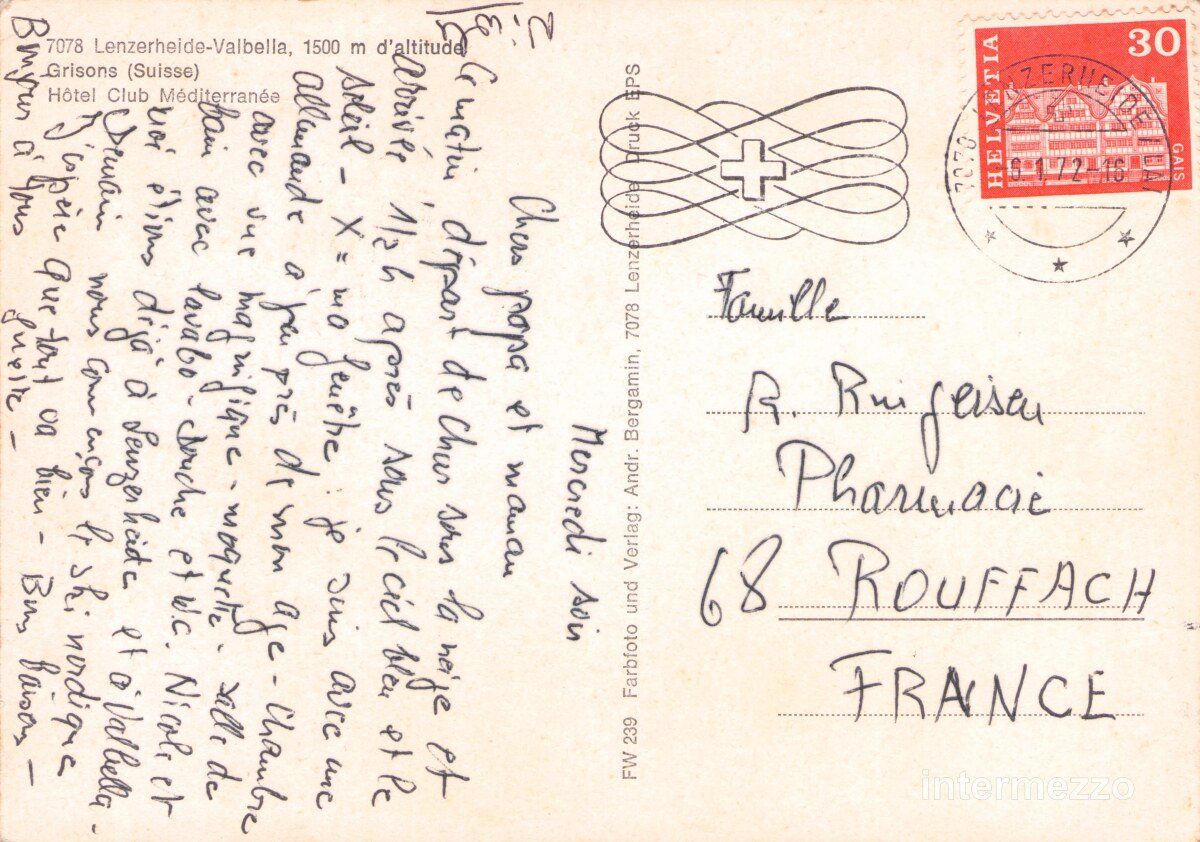 Cartoline postali: Lenzerheide GR // 1972 Postauto Hotel Club Méditerranée – Usato da Basel venduto da intermezzo12 1