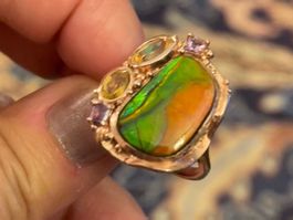 STUNNER! Canadian Ammolite SS925 14k Rose Gold Vermeil Ring