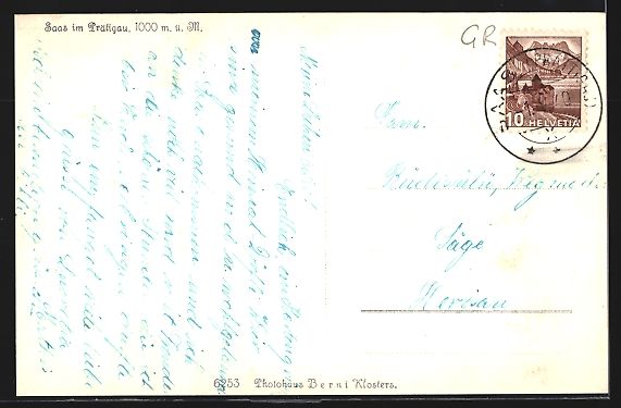 Cartoline postali: Saas im Prättigau, Panorama mit Kirche – Usato da Berlin venduto da bartko-reher 1
